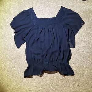 Sheer black dress shirt with cinched waist, size medium